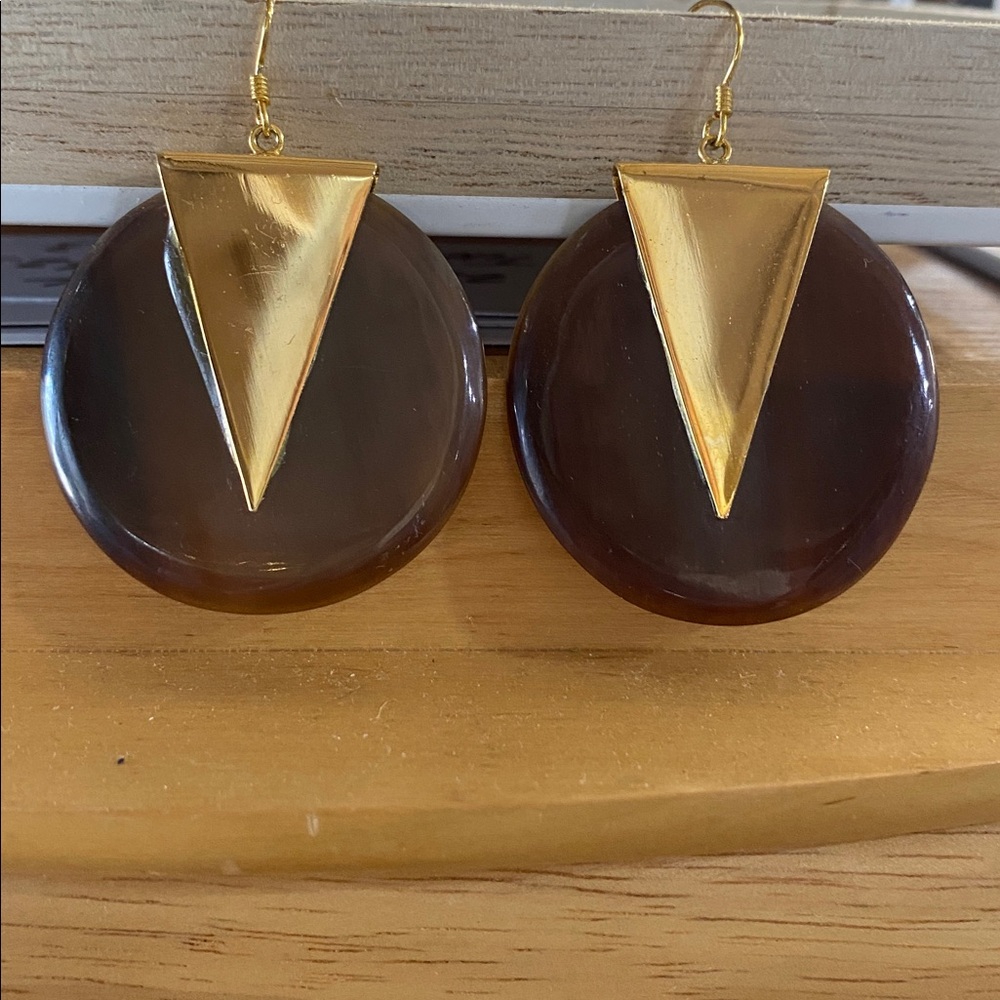Round Brown & Gold Statement Earrings 2 inch round - Picture 4 of 5